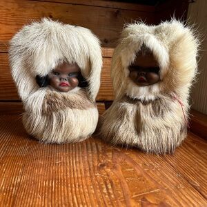 2 1970S NUNI DOLLS VINTAGE ALASKAN REINDEER-FUR HANDMADE WOOD